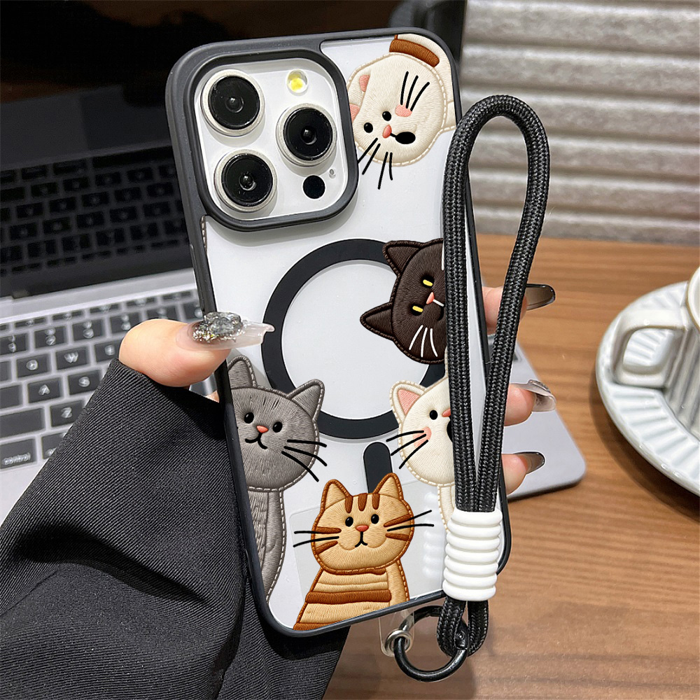 Apple Iphone 15 Pro Max - غطاء هاتف لطيف بتصميم قطة مطرزة